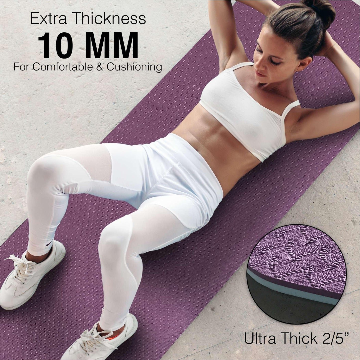 Extra Thick Exercise Yoga Mat with Strap - 2/5 Inch (10MM), Non-Slip Workout Mat for Yoga, Pilates, and Floor Exercises