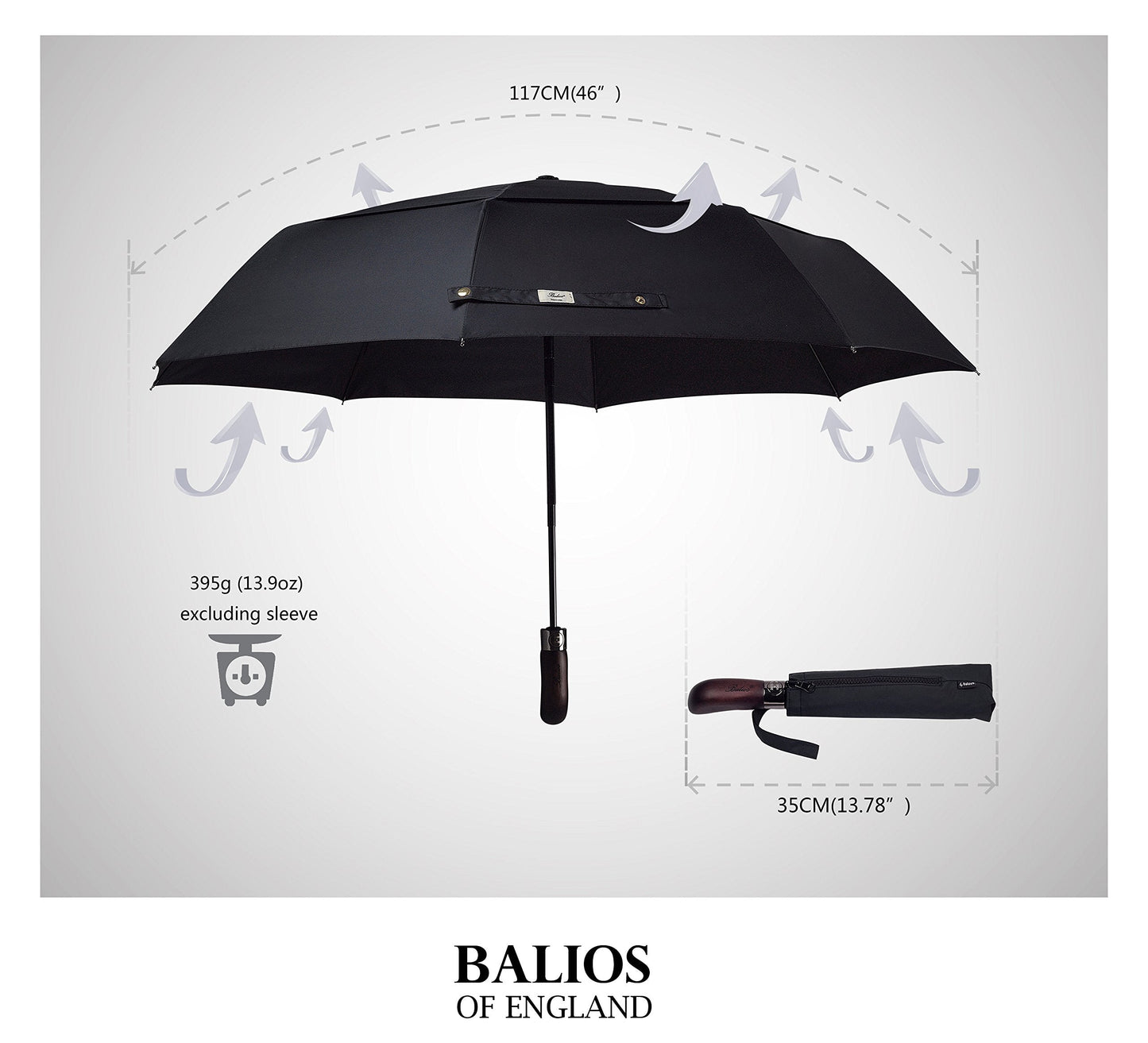 Balios Folding Umbrella Wood Handle Auto Open Close Vented Canopy Black
