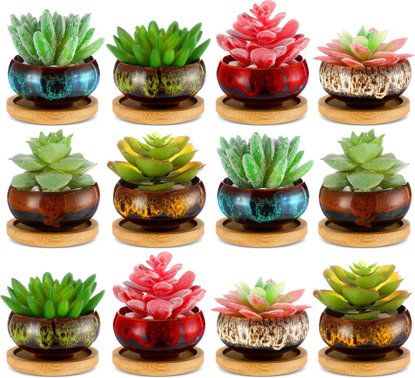 RimCereal 12 Pcs Succulent Pots 2.5 Inch Mini Ceramic Succulent Garden Flower Pots Planters with Drainage and Bamboo Tray for Indoor Garden Plants Planters Colorful Flower Pot(Round,1.2 Inch H)