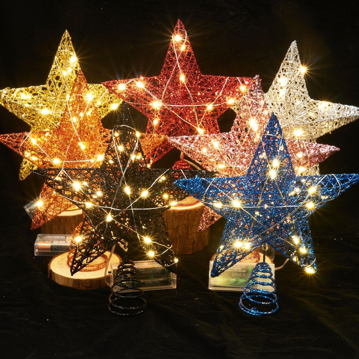 Emopeak 20 LED Christmas Tree Topper, 8 x10 Inch Black Indoor Iron Art Star Treetop Light, Two Modes (Keep Light ON/Flash) Black