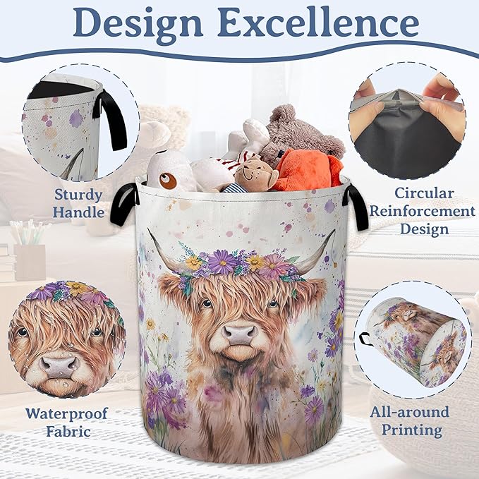 Highland Cow Laundry Basket, Foldable Oxford Cloth Flower Funny Laundry Hamper