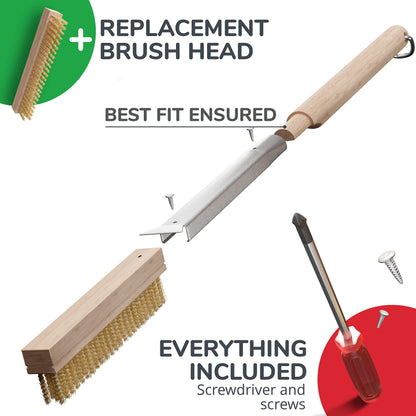 Senwosa Pizza Oven Brush with Stone Scraper - 66 cm - Stainless Steel Bristles, Extra Long Handle, Heat-Resistant - Compatible with Ooni Ovens - Includes Spare Head