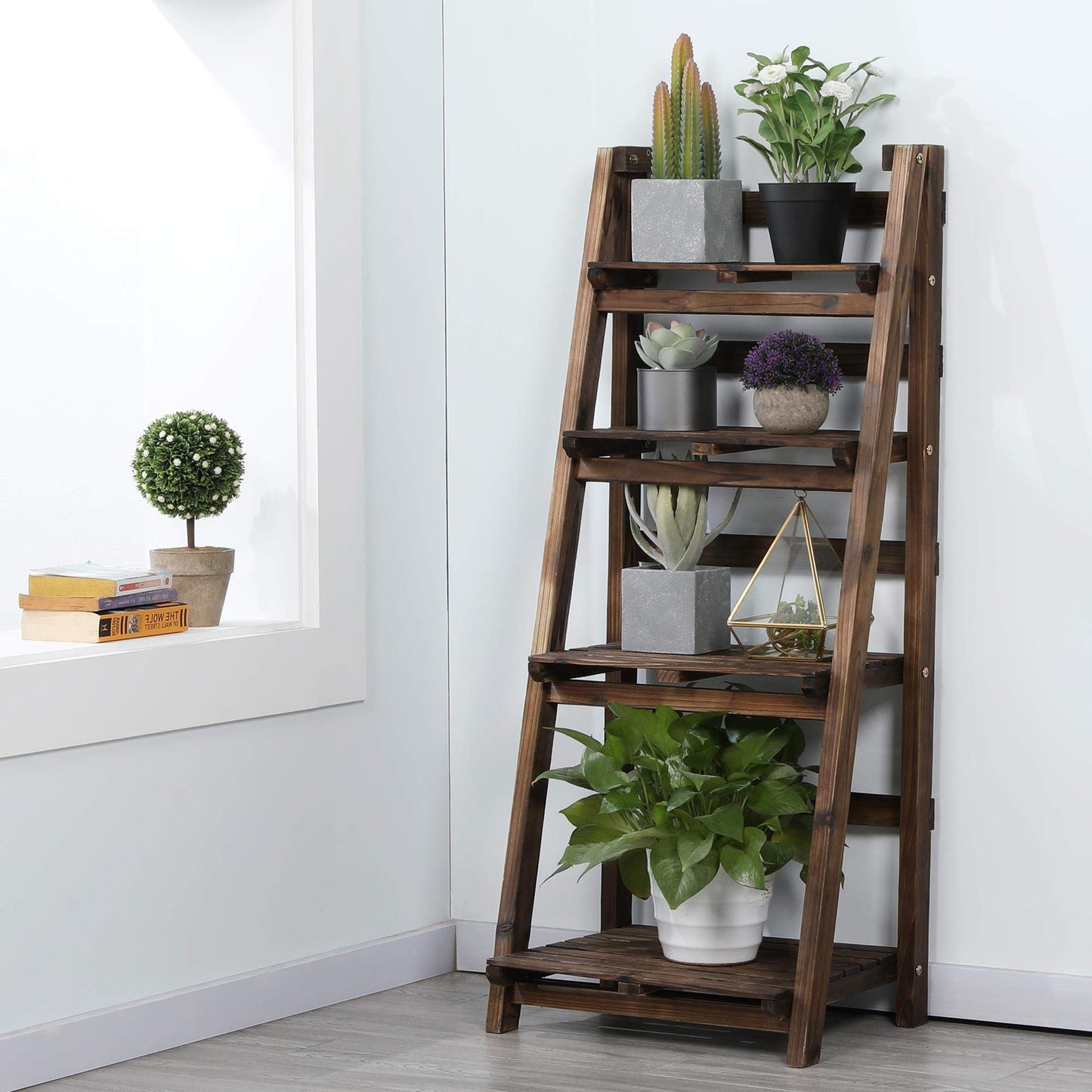 Yaheetech Wooden Foldable Ladder Shelf 4-Tier Magazine Holder Book Rack Plant Stand Folding Flower Display Pot Decorative Storage Free Standing Indoors/Outdoors Rustic No Assembly Required Brown