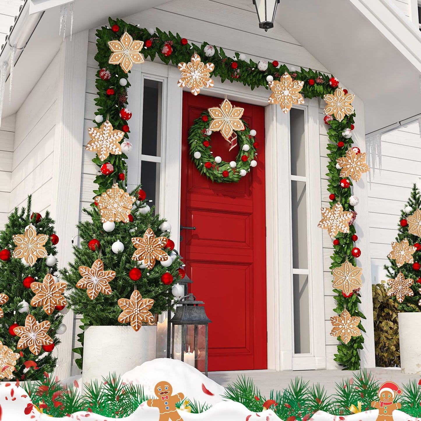 Soaoo 36 Pcs 7.9 Inch Gingerbread Snowflake Christmas Outdoor Decorations Large Hanging Christmas Ornaments Double Sided Xmas Plastic Decor for Xmas Tree Office Home Yard Porch Holiday