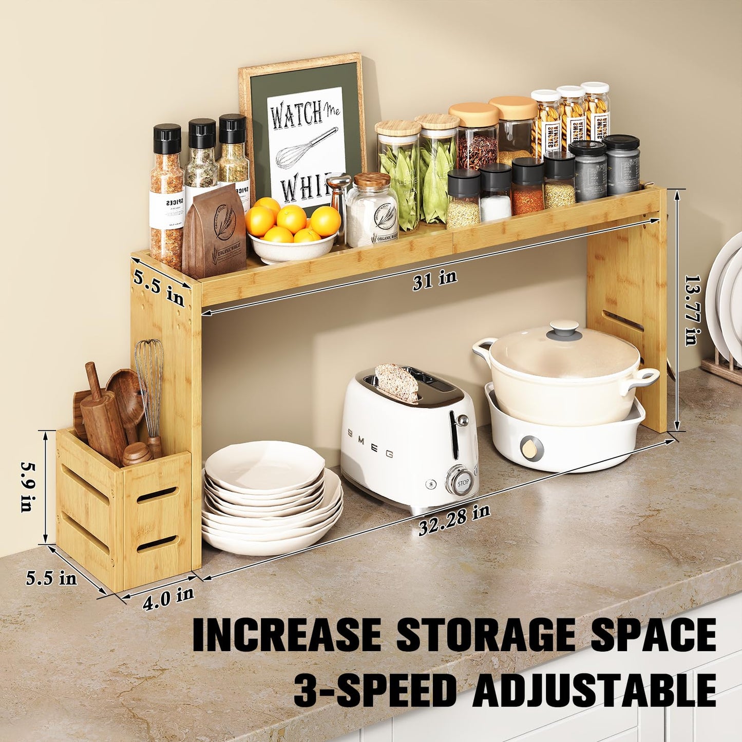 MAICHUAN Bamboo Stove Shelf, Spice Shelf for Kitchen Stove, 31in Over the Stove Shelf, Stove Top Shelf for Back of Stove with EVA Kitchen Liner, Utensil Holder & 6 Hooks, for Over Stove