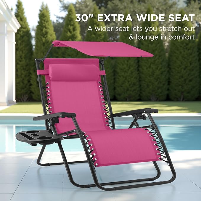 Best Choice Products 30” Wide Folding Zero Gravity Outdoor Recliner Patio Lounge Chair w/Adjustable Canopy Shade, Headrest, Side Accessory Tray - Hot Pink/Black