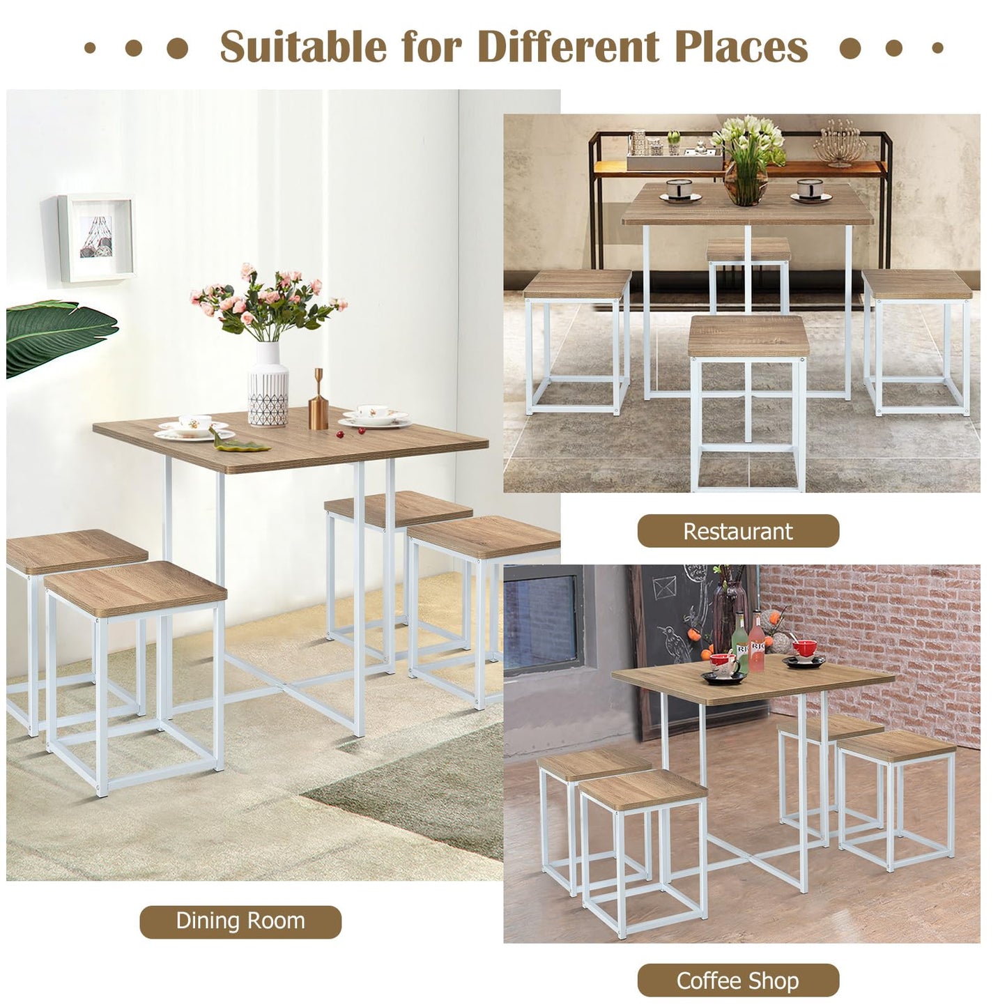 Giantex 5 Piece Dining Table Set, Dining Set for 4 with Square Stools, Small Kitchen Table Set with Metal Frame, Compact Design for Small Space, Home Kitchen Bar Pub Apartment