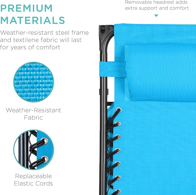 Best Choice Products Folding Zero Gravity Outdoor Recliner Patio Lounge Chair w/Adjustable Canopy Shade, Headrest, Side Accessory Tray, Textilene Mesh - Light Blue