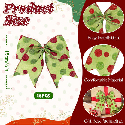 Miucat 16 Pcs Christmas Tree Bows Decoration, 6 Inch Large Christmas Bows Red Green Dot Bows Ribbons Ornaments Christmas Wreath Decorations for Tree Gift Wrapping Wall Home Front Door Decor