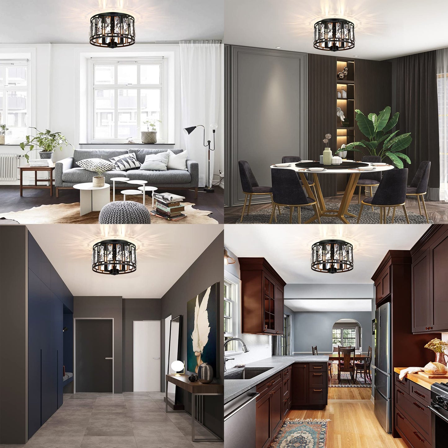 Giiland Crystal Ceiling Light Flush Mount for Bedroom, Kitchen Island Crystal Drum Shade Lighting Fixture, 3-Light Black Ceiling Lamp for Dining Room