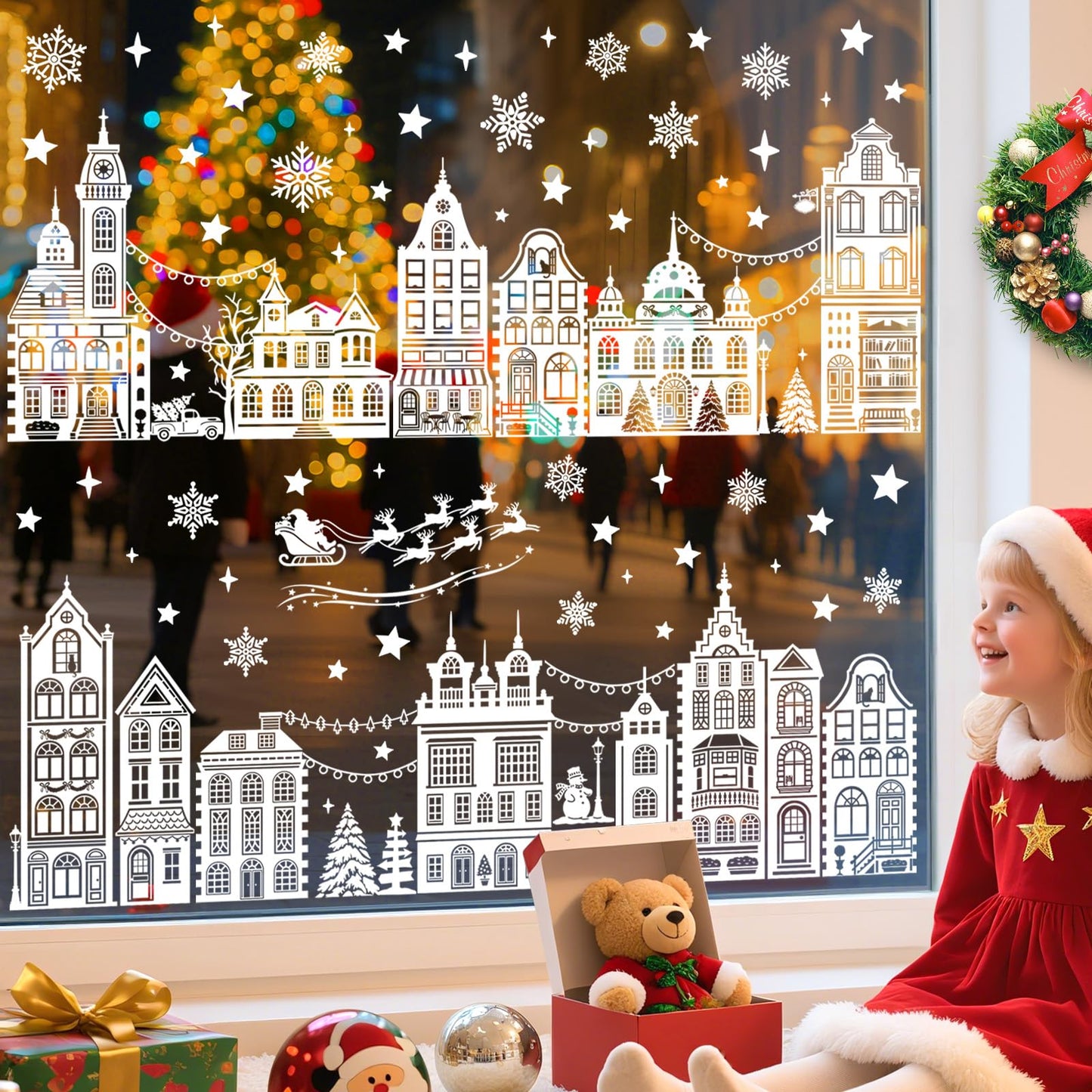 decalmile Merry Christmas White House Double Sided Window Clings Xmas Santa Claus Reindeer Snowflake Anti-Collision Glass Doors Window Stickers Decals