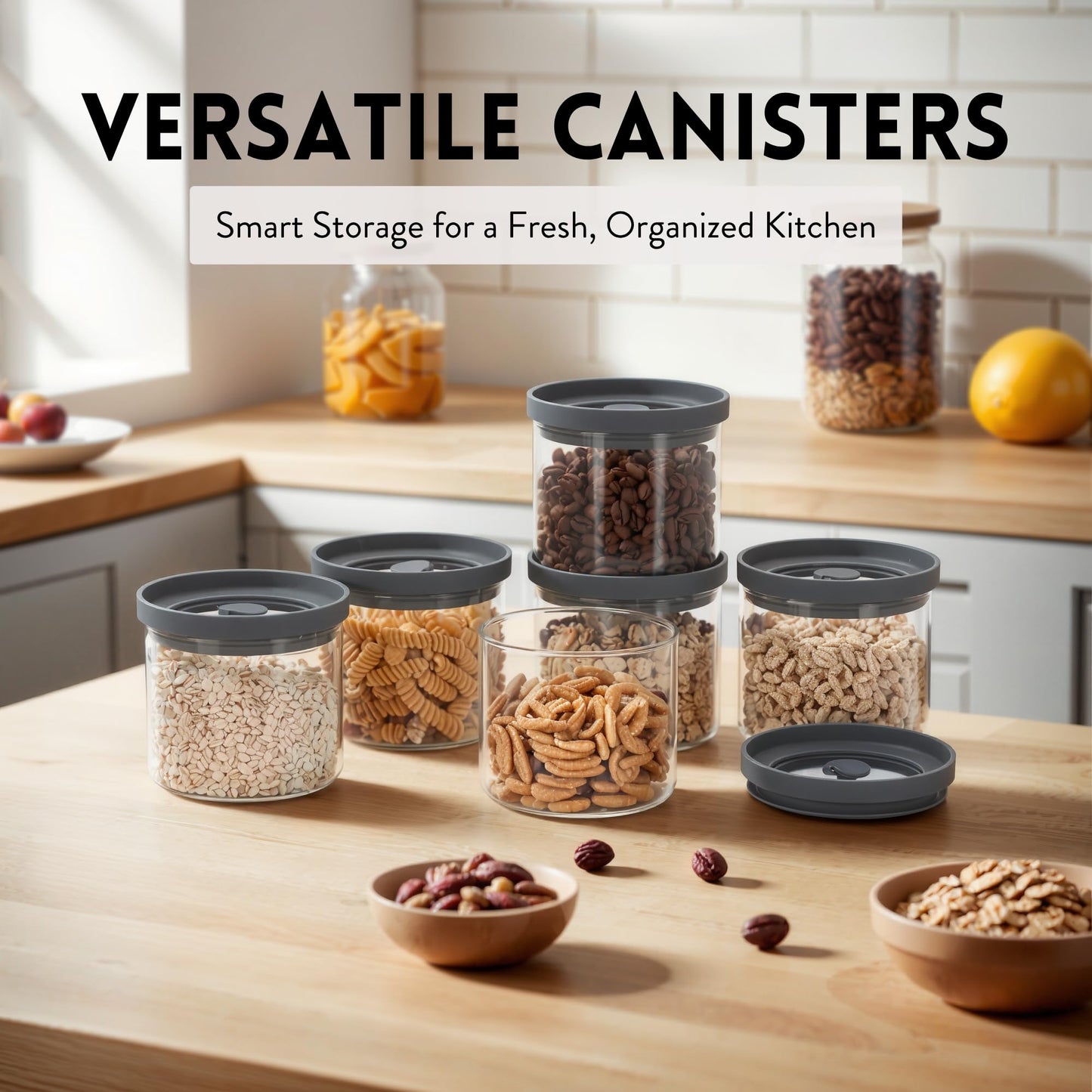THE HAZEL PANTRY Glass Canisters with Airtight Lids Set of 6 (17.5 oz) - Borosilicate Glass Jars for Overnight Oats, Meal Prep & Pantry Storage, Stackable, BPA-Free, Dishwasher Safe Kitchen Containers