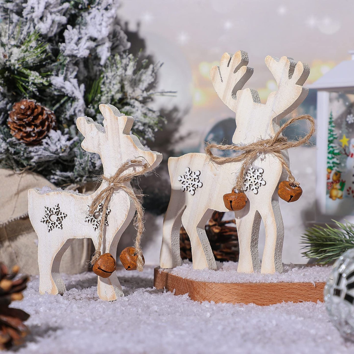 Sanwuta 2 Pieces Reindeer Christmas Decor Christmas Deer Desk Decor Indoor Rustic Reindeer Standing Tabletop Decoration Wooden Deer Table Decoration for Home Lawn Garden(Yellow Bell)