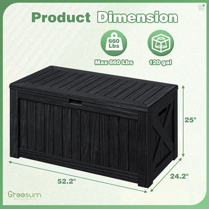 Greesum Outdoor Storage Box 120 Gallon Storage Bin with Lid for Patio Furniture, Garden Tools, Pool Supplies, Lockable, Waterproof and UV Resistant, Black