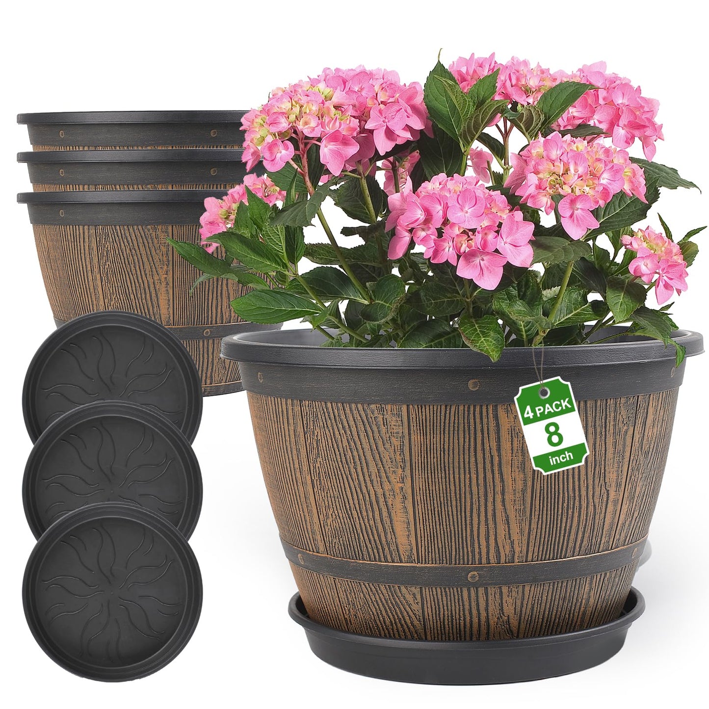 8-inch-Plant-Pots-Indoor-Outdoor, 4 Pack Whiskey Barrel Planters with Drainage Holes & Saucer, Plastic Flower Pots Imitation Wine Barrel Design, Decorative Garden Pots for Plants