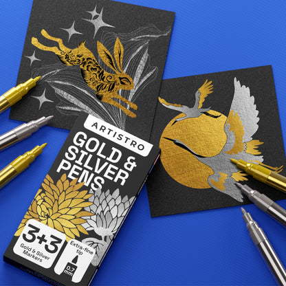 ARTISTRO 6 Gold & Silver Metallic Acrylic Paint Pens – 0.7mm Extra Fine Tip Paint Pens for Crafts, Rock Painting, Greeting Cards, Ornament Decor, DIY Art