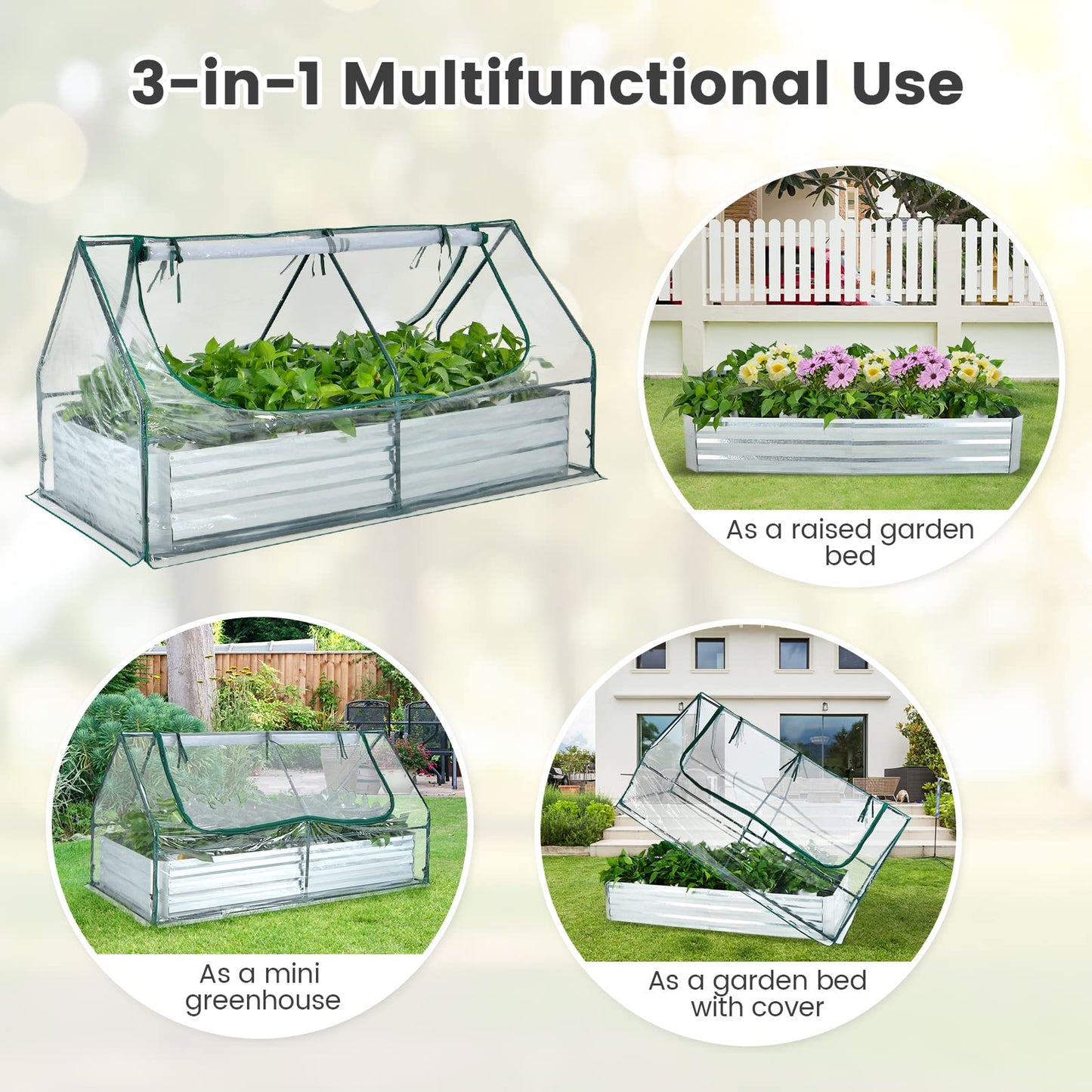 Giantex Galvanized Steel Raised Garden Bed with Mini Greenhouse, Outdoor Metal Planter Box Kit with Large Roll-up PVC Cover, 71"x 35.5"x 36" Planter Raised Bed for Growing Flower Herb Vegetable Fruit
