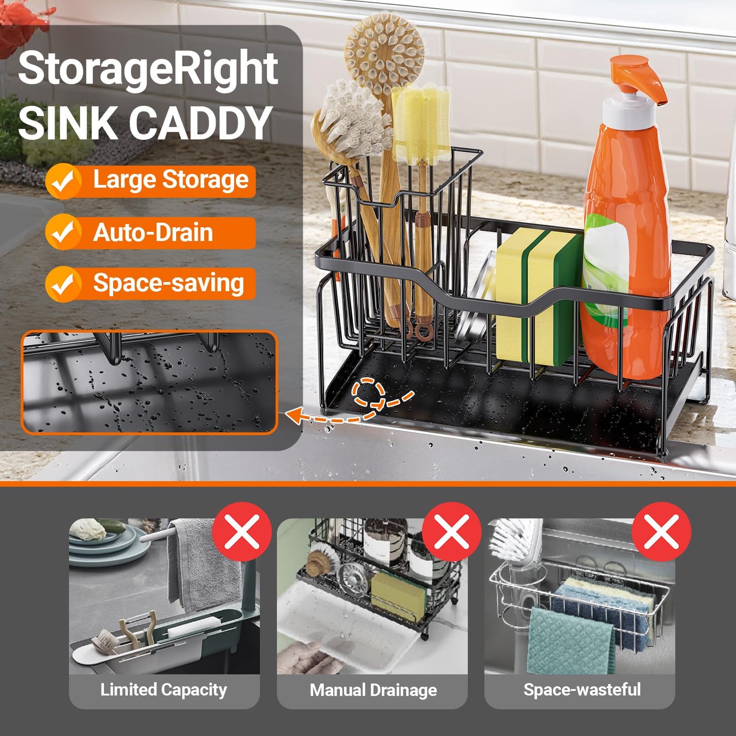 StorageRight Kitchen Sink Caddy Organizer, Rustproof Sponge Holder for Kitchen Sink, Instant Dry High Brush Holders with Drain Tray, Anti-Slip Storage Organization Essentials, Black