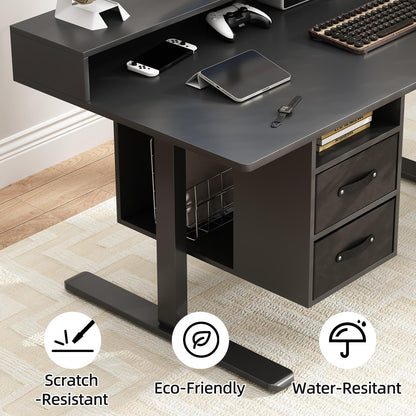 63x24 Inches Standing Desk with Drawers, Electric Computer Desk with Open Storage Shelf, Stand Up Desk, Adjustable Height 28-46 Inches for Home and Computer Workstation, Black