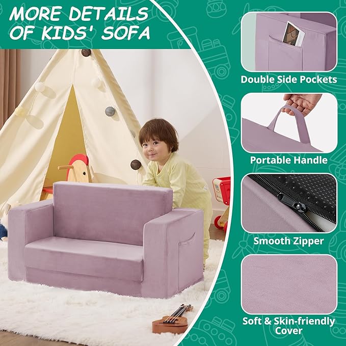 Kids Couch, 2-in-1 Toddler Chair Comfy 1-3 Years, Convertible Kids Chair