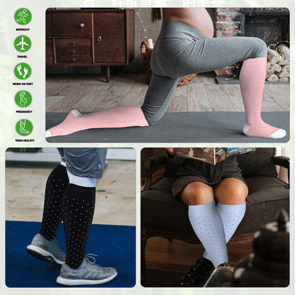 LEVSOX Bamboo Plus Size Compression Socks for Women Men Wide Calf 15-20mmHg Knee High for Pregnancy, Nurse, Travel, 3 Pair-polkadots, 3XL