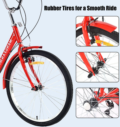 DONGSHAN Tricycle Adult Folding Bicycle Comfortable seat 3 Wheel Bicycle Rear Enlarged Vegetable Basket Double Chain 24in for Parents and Children Maximum Load 550lbs (24in-7speed-red)