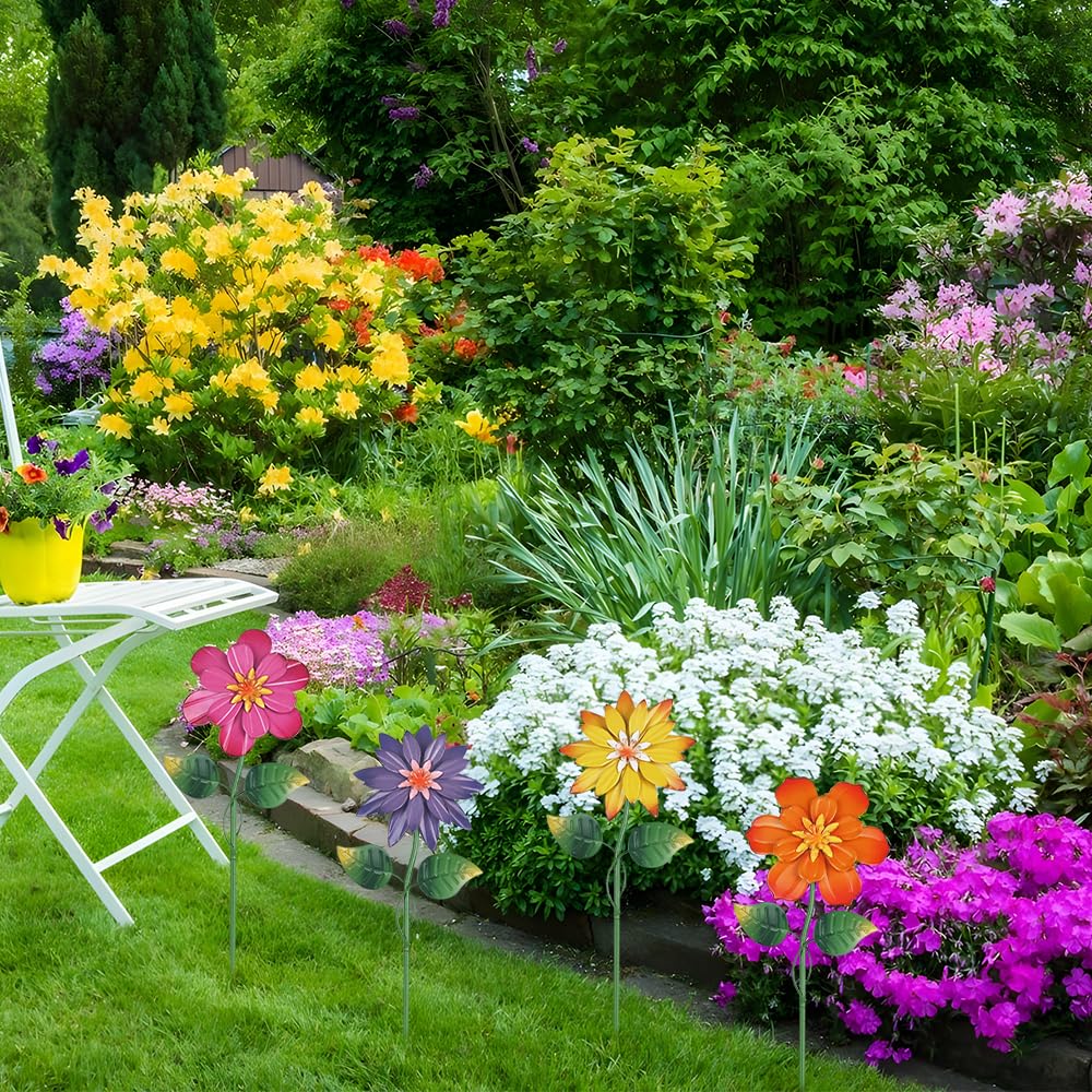 hogardeck Metal Flower Decorative Garden Stakes,4 Pcs 19" Outdoor Garden Decor with Shaking Flower Head Yard Stakes, Yard Art Spring Decorations for Patio Lawn (Pink & Yellow & Purple & Orange)