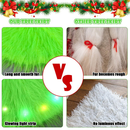 Soulchen 72 Inch Lime Green Christmas Tree Skirt with LED Light Fur Xmas Tree Collar Mat Pure Faux Round Carpet for Merry Christmas Xmas Decoration Home Decor Party Ornaments