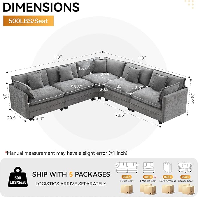113'' V Shaped Cloud Sectional Sofa, Oversized Deep Seat Couches