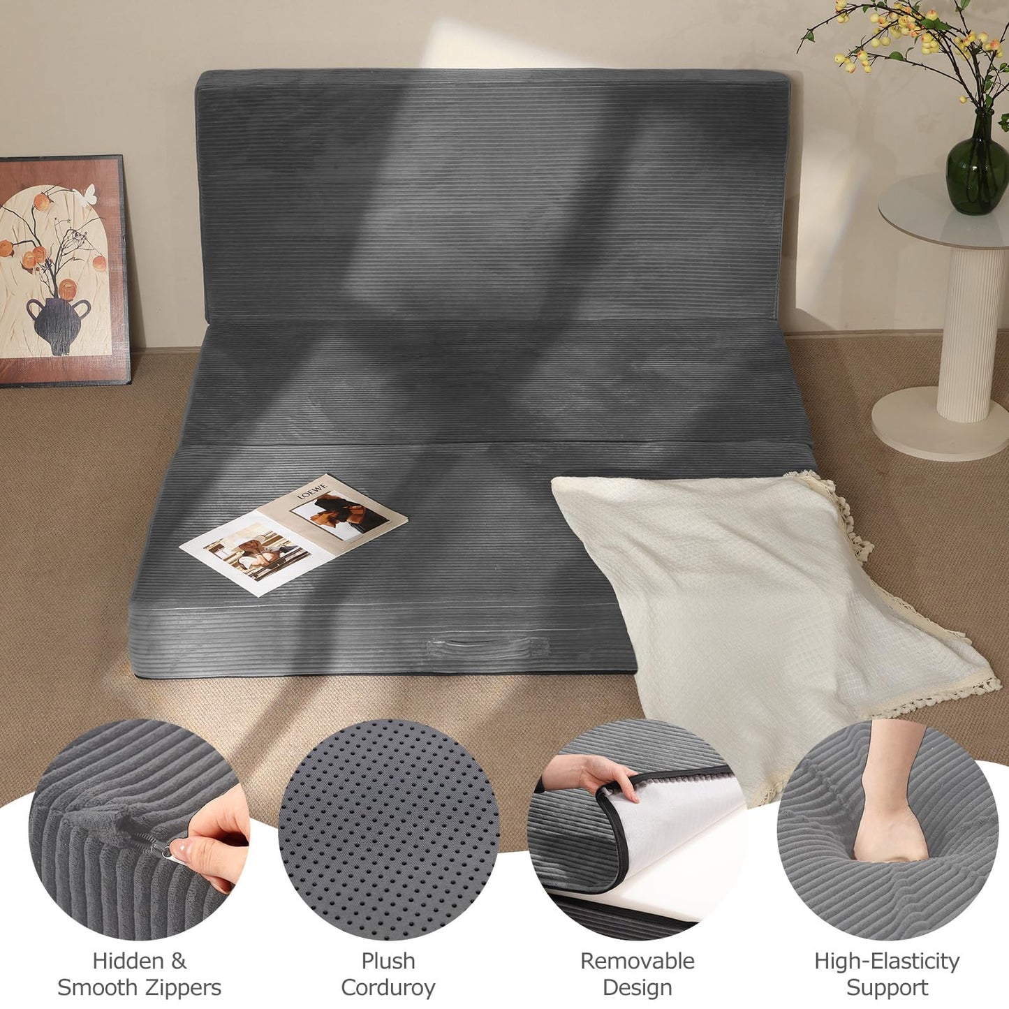 feliz home 6-Inch Tri-Folding Mattress Queen Size - Foldable Futon Sofa Bed with Removable Washable Cover, Folding Futon Mattress | Non-Slip Bottom & Carry Handles for Guest, Camping, Dorm