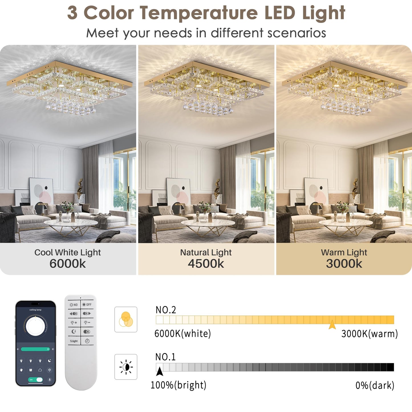 KINGTORO 32" Gold Crystal Flush Mount Chandelier with Remote/App Control, Modern LED Ceiling Light with 3CCT Dimmable, Elegant Chandeliers for Bedroom Living Room Dinning Room Hallway Kitchen