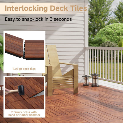 Rovibek Acacia Wood Interlocking Deck Tiles, 30PCS 12"x12" Outdoor Waterproof Decking Tiles, All Weather Use for Balcony Patio Backyard Poolside, Indoor & Outdoor, Striped Brown