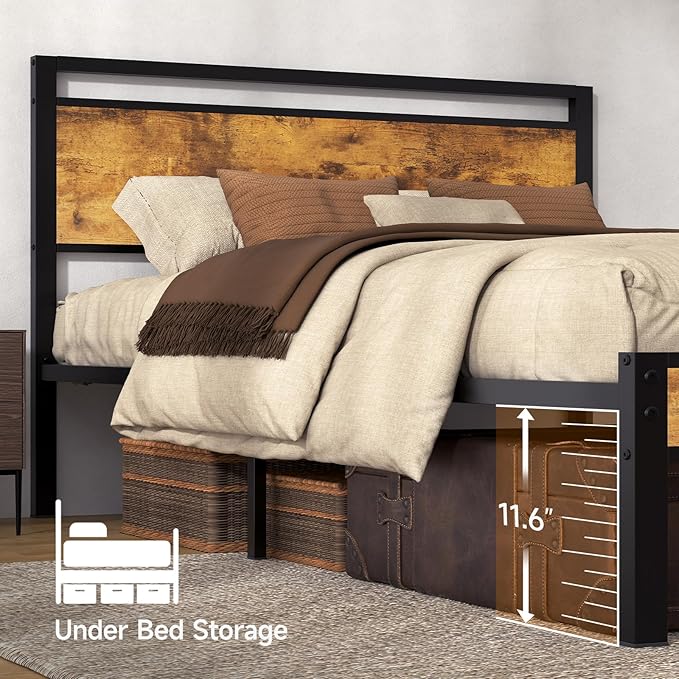 King Metal Bed Frame with Wooden Headboard and Footboard, Heavy Duty Platform