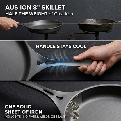 SOLIDTEKNICS 8" Outdoor Skillet Set – Naturally Seasoned Australian Iron Skillet with Lil Flippa Stainless Flipper & Mini Pan Scraper Lightweight Camping Cookware for Grill & Campfire Cooking