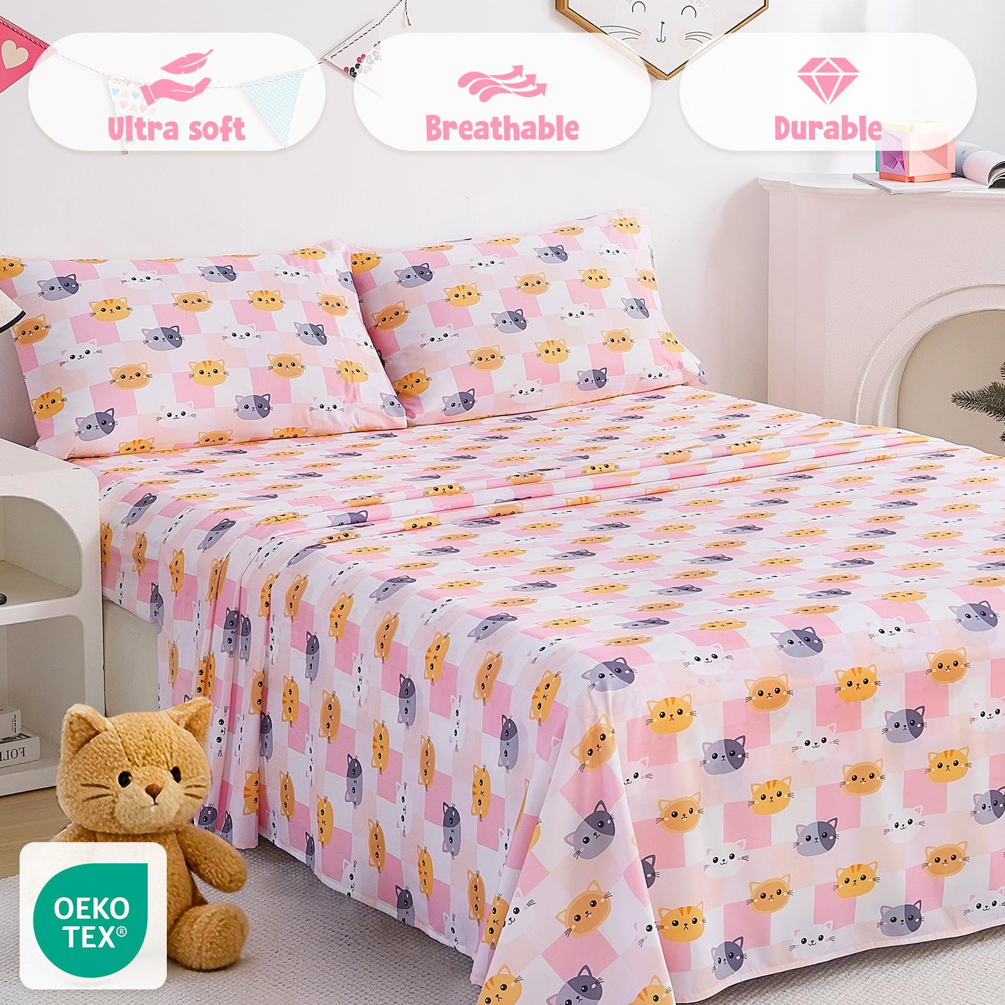 CozySmile Twin Sheet Set Kids,3 Pieces Breathable Soft Microfiber Bedsheets for Child Girls, Oeko-TEX, Anti Pilling Deep Pockets Easy Care Bed Sheets, Cat Plaid
