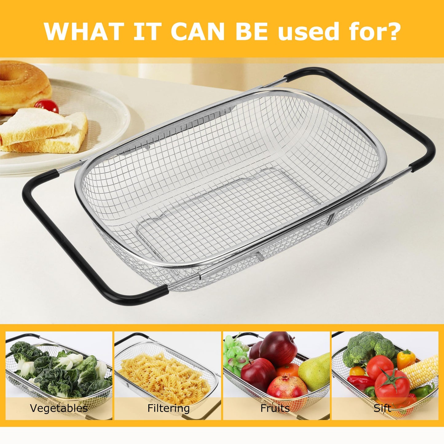 ZDRongZhen Kitchen Accessories Over the Sink Colander Strainer Basket，Stainless Steel Colander with Expandable Rubber Grip Sink Drainer-Rinse Vegetables Fruits &Strain&Drain (Large-Dense round hole)