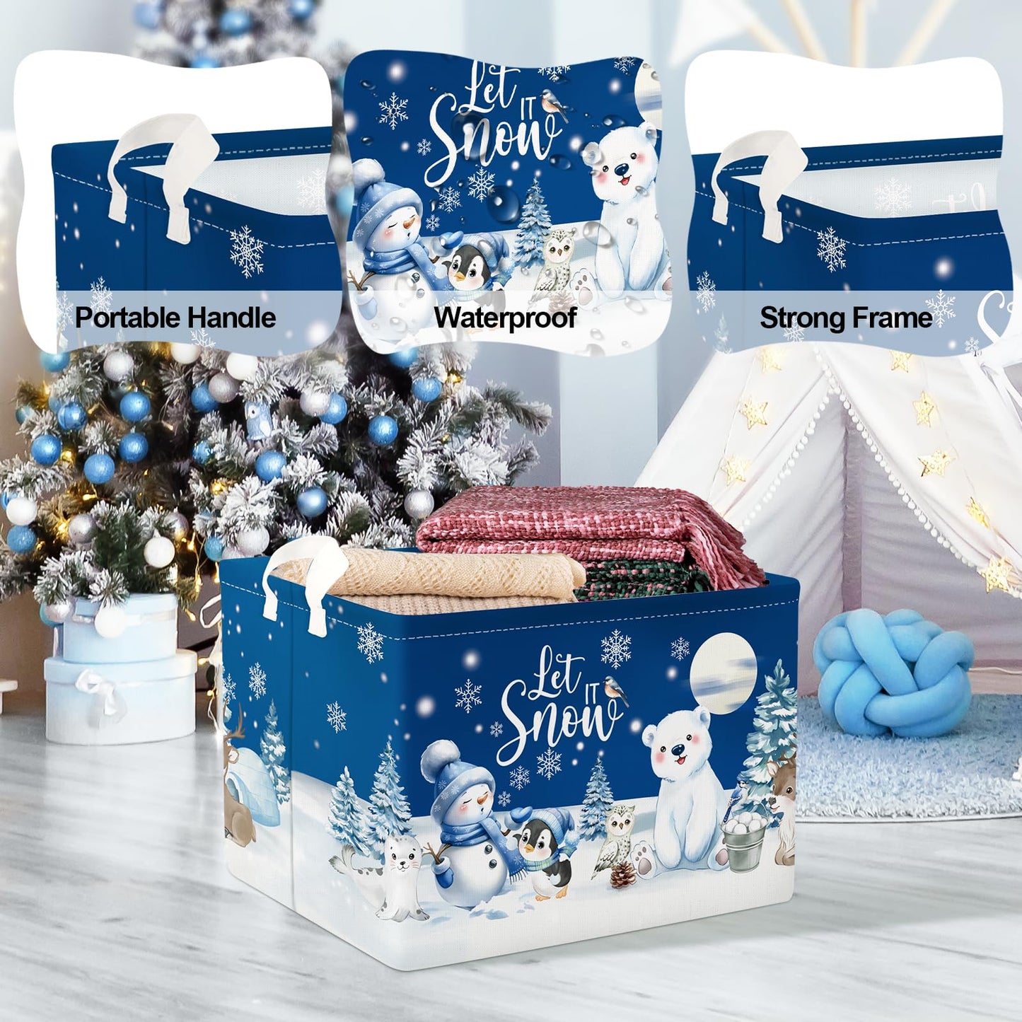 Clastyle Winter Animals Storage Basket Christmas Snowman Penguin Gift Basket Kid Polar Bear Deer Owl Seal Nursery Bin Large Clothes Toy Book Shelf Basket Cube