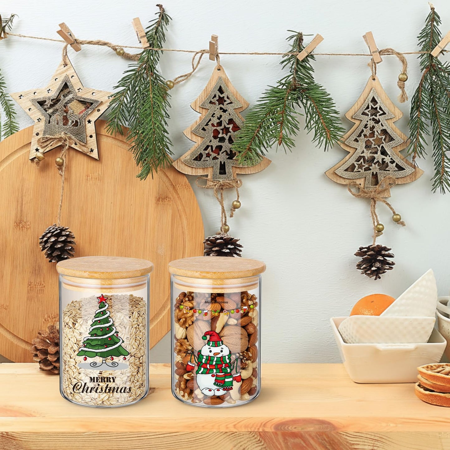 Suclain 6 Pcs Christmas Glass Storage Jars with Lid 19 oz Retro Christmas Glass Cookie Jars Santa Snowman Reindeer Tree Decorative Canisters Gift for Kitchen Indoor Containers Countertop Decoration