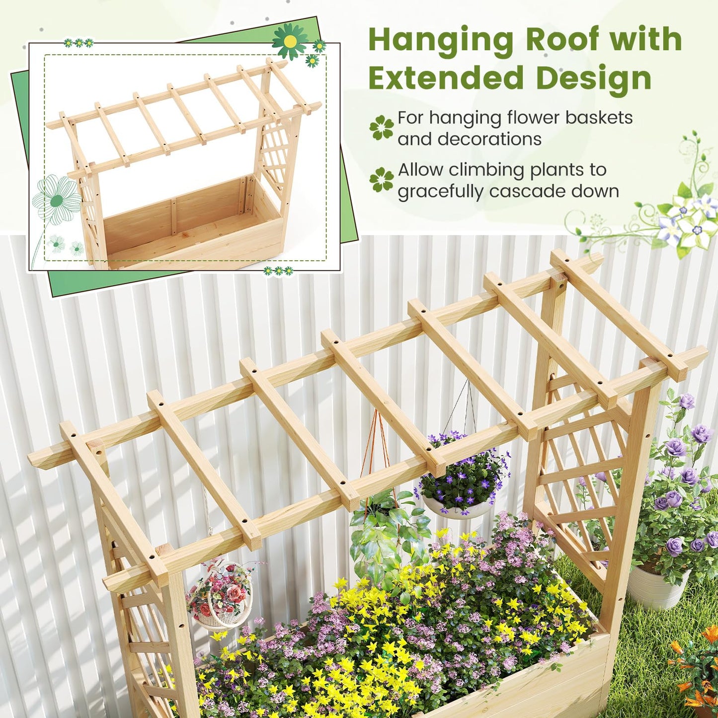 Giantex Raised Garden Bed with Sided Trellis & Hanging Roof, Wood Planter Box, Freestanding Garden Planter Raised Bed for Flowers Herbs Climbing Vines 45”x16”x41” (L x W x H)