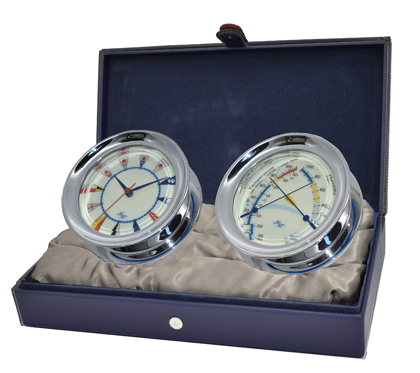 MASTER-MARINER American Voyager Collection, Nautical Windlass Gift Set, 5.85” Diameter Clock and Comfort Meter Instruments, Chrome Finish, Ivory Signal Flag dial