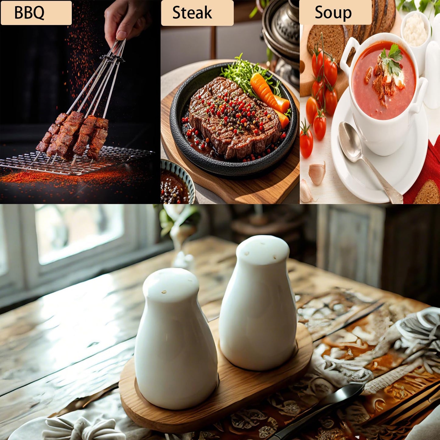Ceramic Salt and Pepper Shakers Set with a Bamboo Tray,Farmhouse White Salt Shaker for Cooking,Travel,BBQ, Kitchen and Resturant Decor Set of 2