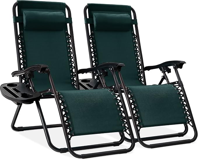 Best Choice Products Set of 2 Adjustable Steel Mesh Zero Gravity Lounge Chair Recliners w/Pillows and Cup Holder Trays - Forest Green
