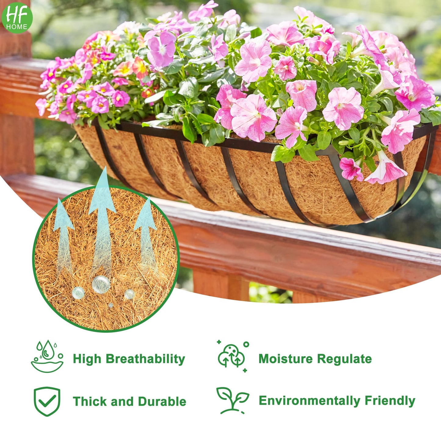 HFHOME 30" Deck Railing Planter Box with Horse Trough Coco Liners, Black Window Box Metal Hanging Flower Planters Baskets for Indoor, Outdoor, Balcony, Porch, Fence, Patio, and Lawn (Set of 4)