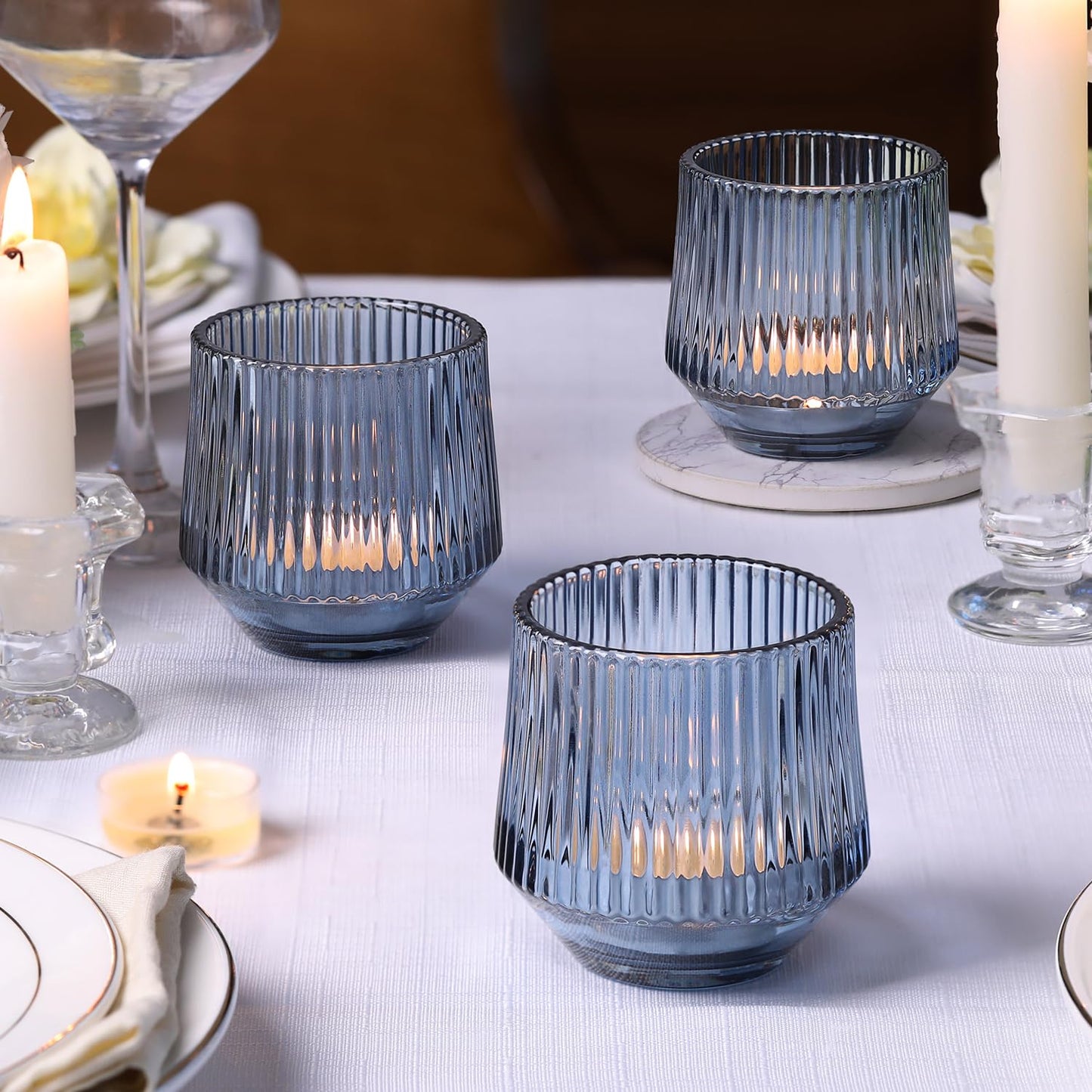 12 Pcs Large Blue Votive Candle Holders for Table Centerpieces- 3.15"×3.15" Ribbed Tea Candle Holders for Dusty Blue Wedding Decor, Bridal Shower Decorations