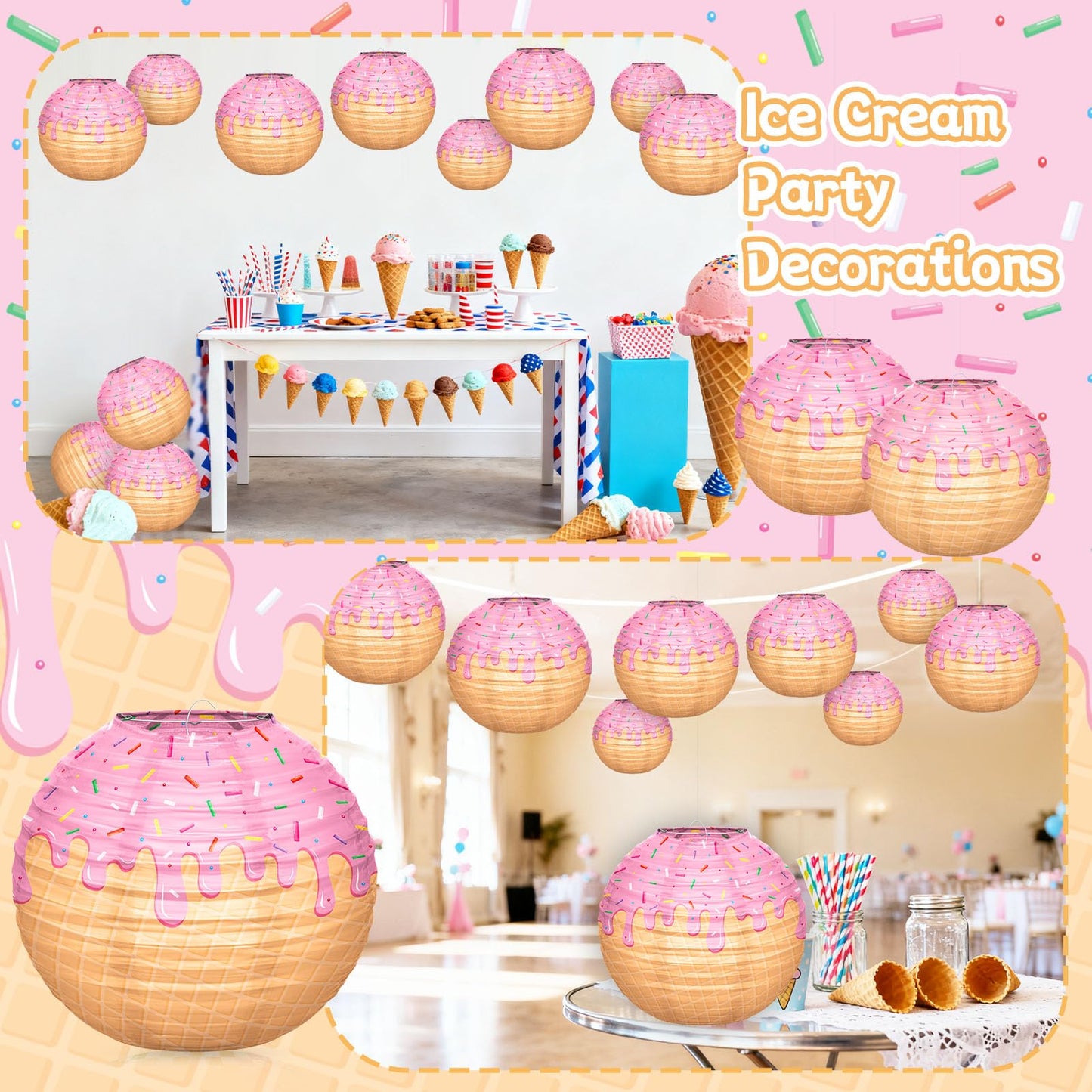 6pcs Ice Cream Baseball Drip Paper Lanterns, 8 Inch Round Hanging Party Decorations for Baseball Theme Party Birthday Christmas Backyard Porch Room Indoor/Outdoor Home Holiday Supplies
