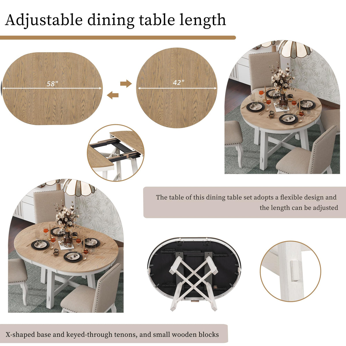 GDFStudio 42"-58" Farmhouse Extendable Dining Table for 4-6, Solid Wood Round Dining Table with 16" Leaf & X-Shaped Base, Kitchen & Dining Room Table, Space Saving, Oak Natural Wood+Antique White