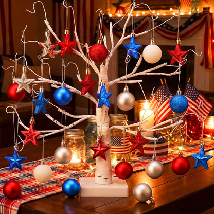 Janinka 60 Pcs Patriotic Star Ornaments 4th of July Hanging Star Balls 250th Anniversary Red White and Blue Stars Balls Ornaments for USA Veteran Independence Day Decor