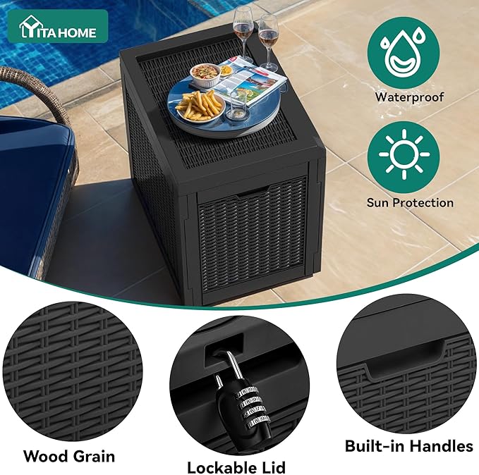 YITAHOME 32 Gallon Deck Box, Resin Storage with Lockable Lid & Side Handles, Indoor Outdoor Small Container for Patio Cushion, Garden Pool Accessories, Backyard Furniture, Water Resistant