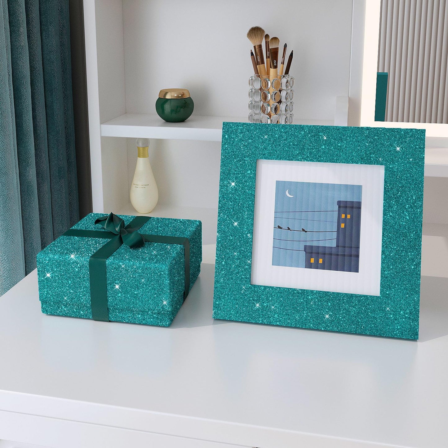 VaryPaper Teal Glitter Wallpaper Stick and Peel Decorative Glitter Contact Paper for Cabinets Craft Removable Self Adhesive Sparkle Teal Wall Paper for Girls Bedroom Accent Wall Covering 15.7''x78.7''