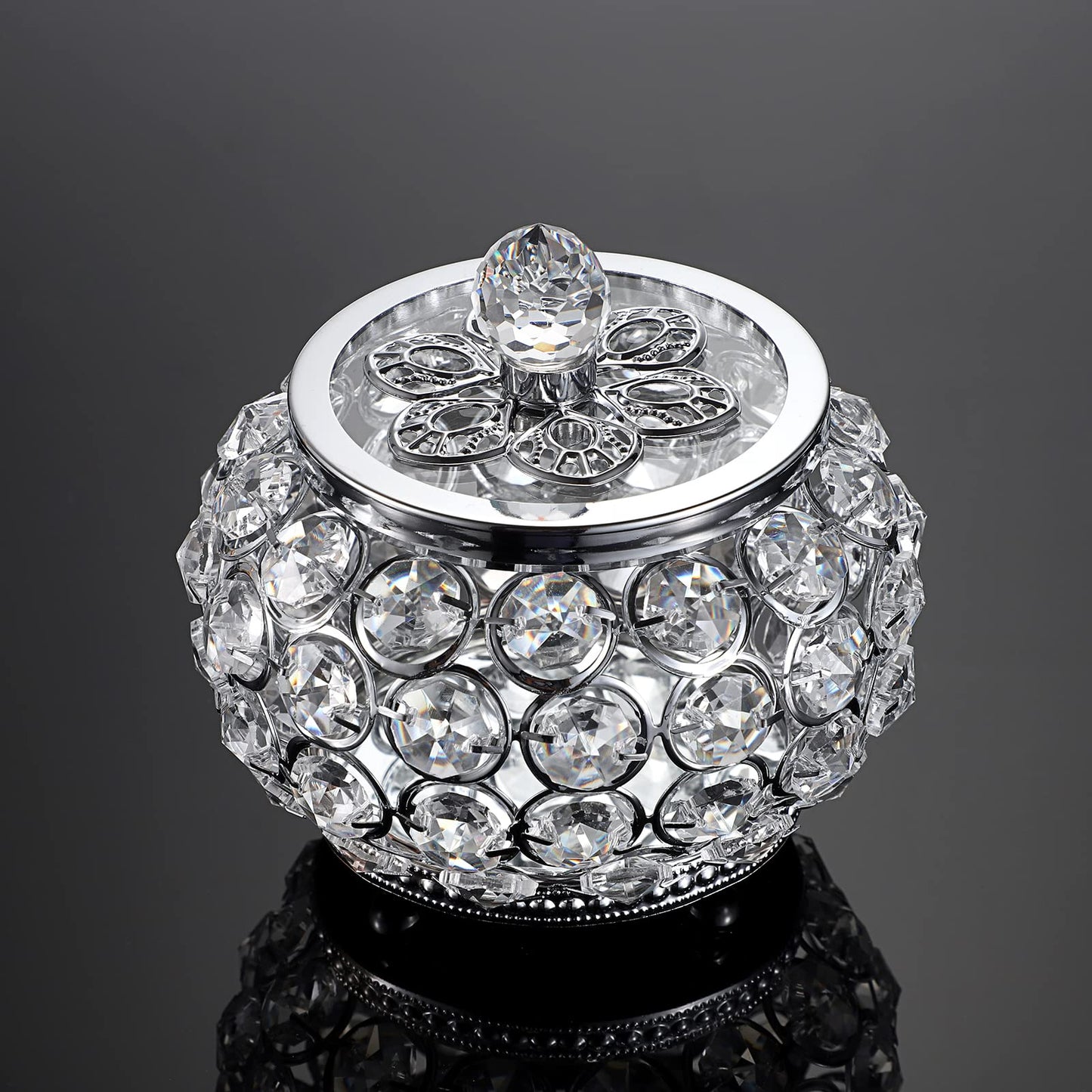 Hipiwe Crystal Jewelry Box with Glass Lid Small Trinket Organizer Mirrored Treasure Box Ring Holder Earrings Necklace Storage Box Keepsake Gift Box for Home Dresser Decor, Silver